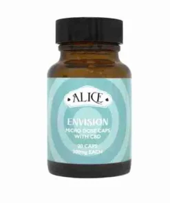 A premium bottle of Envision Alice Micro Dose Capsules neatly arranged next to scattered vegan caps on a clean wood surface.