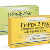 Labeled medical auto-injector illustrating the correct epinephrine dose for anaphylaxis emergency response.