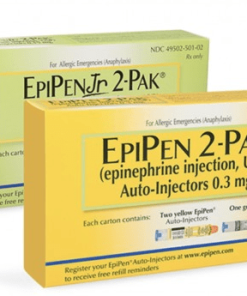 Labeled medical auto-injector illustrating the correct epinephrine dose for anaphylaxis emergency response.